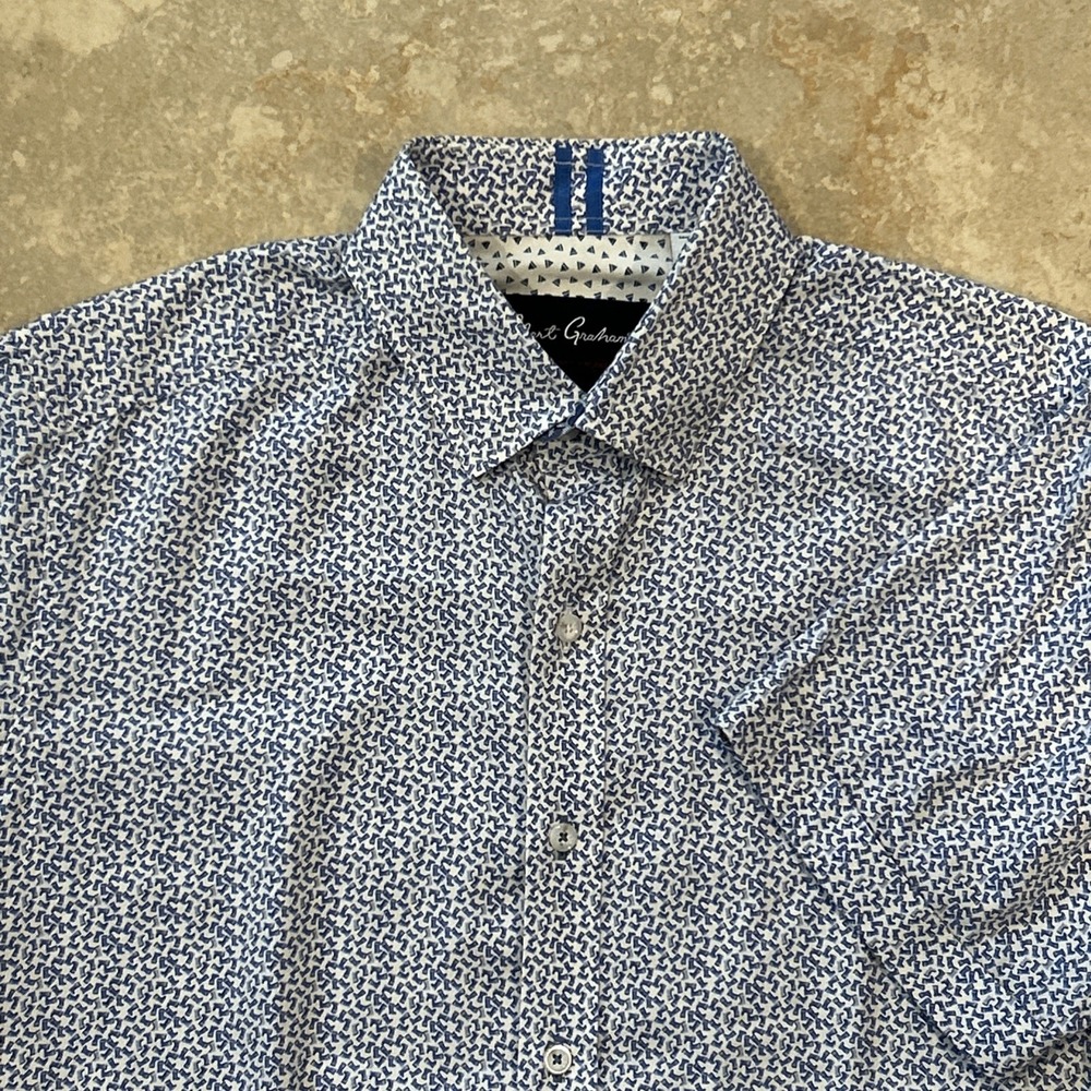 Robert Graham Shirt Mens M Tailored Fit White Geometric Short Sleeve Button Down